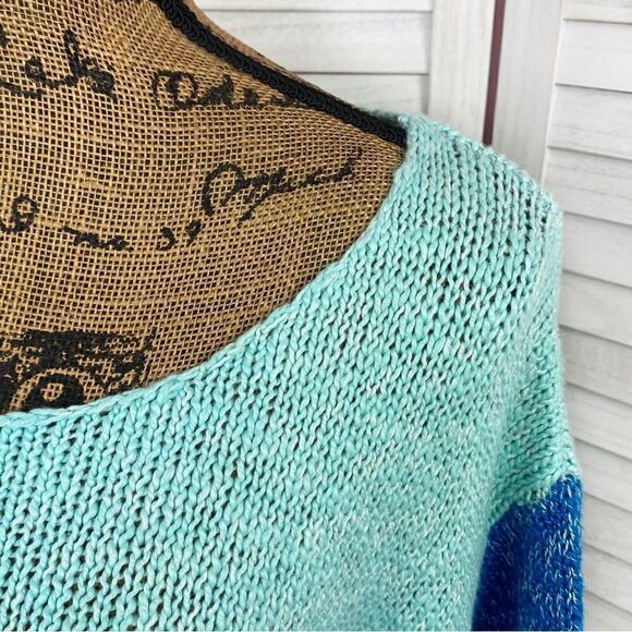 Julie Color Block Chunky Knit Sweater Green Blue Medium Large Short Sleeve - Picture 6 of 13